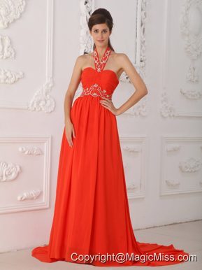 Red Empire Halter Court Train Chiffon Beading Red Prom / Evening Dress
