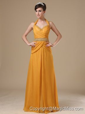 Straps Beaded Decorate Bust Wasit Gold Chiffon Floor-length 2013 Prom / Evening Dress