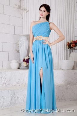 Aqua Blue Empire One Shoulder Floor-length Chiffon Belt Prom / Evening Dress