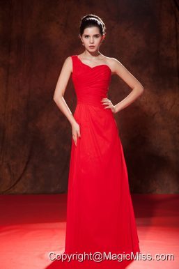 Cheap Red Empire One Shoulder Ruch Bridesmaid Dress Empire Floor-length Chiffon