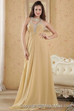 Gold Empire Scoop Prom Dress Chiffon Beading Floor-length