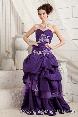 Purple A-line Sweetheart Brush Train Taffeta and Organzn Appliques Prom Dress