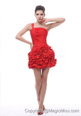 One Shoulder Hand Made Flowers With Beading Ruch Mini-length Red 2013 Prom / Cocktail Dress
