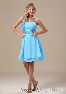 Missouri One Shoulder Light Blue Chiffon Ruched Decorate Bust Knee-length 2013 Prom / Homecoming Dress