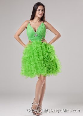 Beading and Ruffles Organza A-line V-neck Prom Dress Mini-length Spring Green