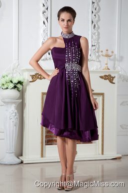 Dark Purple Empire Asymmetrical Prom Dress Knee-length Chiffon Beading