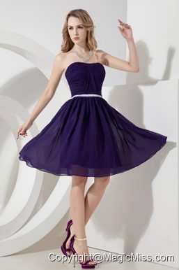Purple A-line Strapless Ruch Prom Dress Knee-length Chiffon