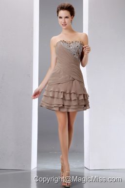 Elegant Brown A-line Short Prom Dress Strapless Mini-length Beading and Sequins Chiffon