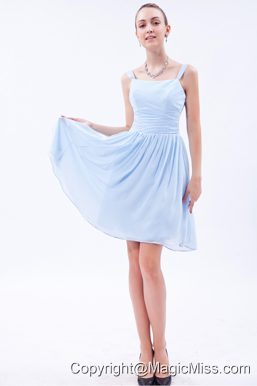 Baby Blue Empire Straps Knee-length Chiffon Ruch Prom Dress