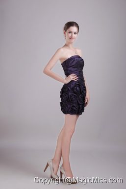 Purple Column/Sheath Strapless Mini-length Taffeta Handle-made Flower Prom Dress