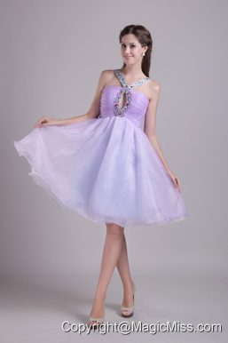 Lilac A-line V-neck Knee-length Organza Beading Prom / Cocktail Dress