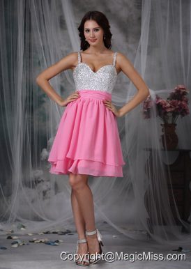 Pink and White Column Straps Mini-length Chiffon Beading Prom Dress