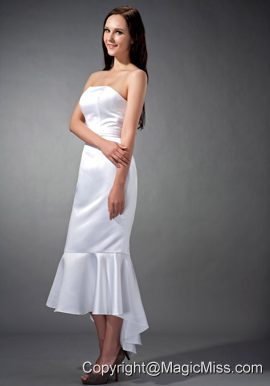 White Mermaid Straoless Tea-length Satin Ruch Bridesmaid Dress