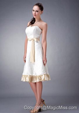 White and Champagne A-line / Princess Strapless Tea-length Lace Sash Bridesmaid Dress