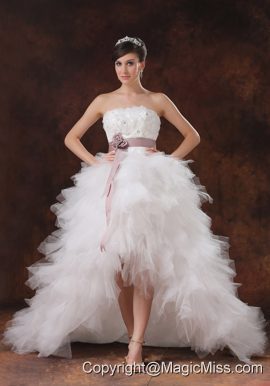 Flowers Decorate High-low Wedding Dress With Brush Train Belt