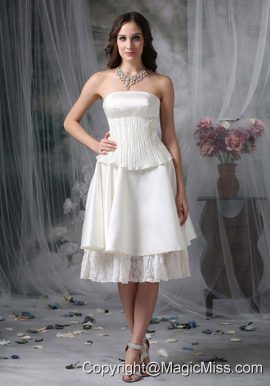 Simple A-line Strapless Knee-length Taffeta Ruch Wedding Dress