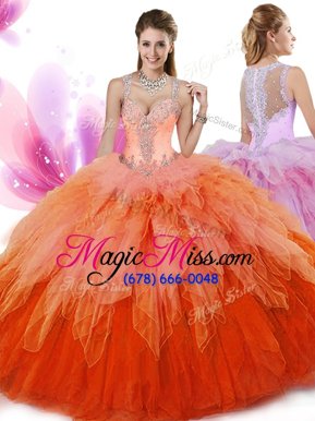 Shining Multi-color Ball Gowns Beading and Ruffles 15th Birthday Dress Zipper Tulle Sleeveless Floor Length