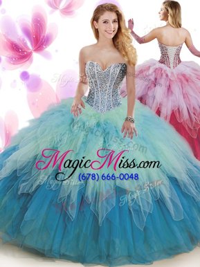Great Multi-color Ball Gowns Beading and Ruffles Quinceanera Gown Lace Up Tulle Sleeveless Floor Length