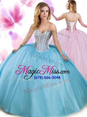 Trendy Aqua Blue Ball Gowns Tulle Sweetheart Sleeveless Beading Floor Length Lace Up Sweet 16 Dress