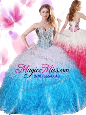 Fabulous White and Baby Blue Organza Lace Up Sweetheart Sleeveless Floor Length 15 Quinceanera Dress Beading and Ruffles