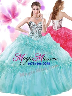 Inexpensive Organza Sweetheart Sleeveless Lace Up Beading and Pick Ups Quinceanera Gowns in Turquoise