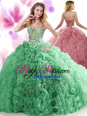Customized Ball Gowns Sweetheart Sleeveless Organza and Fabric With Rolling Flowers Sweep Train Lace Up Beading and Ruffles Quinceanera Gown