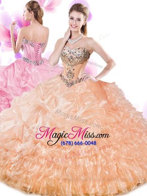 Exceptional Floor Length Lace Up Vestidos de Quinceanera Orange and In for Military Ball and Sweet 16 and Quinceanera with Beading and Ruffled Layers and Pick Ups