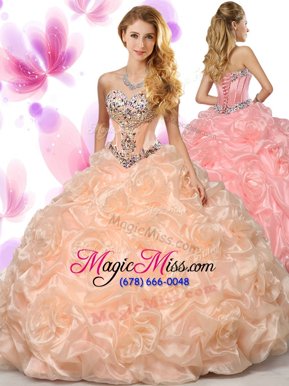 Colorful Floor Length Lace Up Sweet 16 Quinceanera Dress Peach and In for Military Ball and Sweet 16 and Quinceanera with Beading and Pick Ups