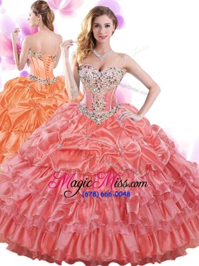 Customized Floor Length Lace Up Vestidos de Quinceanera Watermelon Red and In for Military Ball and Sweet 16 and Quinceanera with Beading and Ruffled Layers and Pick Ups