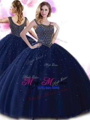 Graceful Scoop Floor Length Zipper Quince Ball Gowns Navy Blue and In for Military Ball and Sweet 16 and Quinceanera with Beading