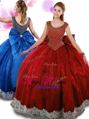 Hot Selling Scoop Sleeveless Floor Length Beading and Appliques and Bowknot Zipper Quinceanera Gown with Wine Red