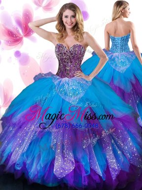 Shining Multi-color Ball Gowns Sweetheart Sleeveless Tulle Floor Length Lace Up Beading and Ruffled Layers Quinceanera Dresses