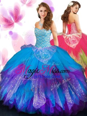Sexy Floor Length Multi-color Sweet 16 Dresses Tulle Sleeveless Beading and Ruffled Layers