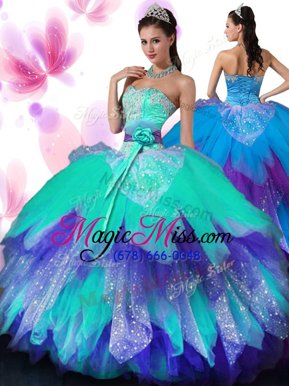 Appliques and Ruffled Layers and Hand Made Flower Quinceanera Dresses Multi-color Lace Up Sleeveless Floor Length