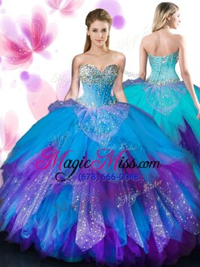 Eye-catching Sweetheart Sleeveless 15 Quinceanera Dress Floor Length Beading and Ruffles Multi-color Tulle