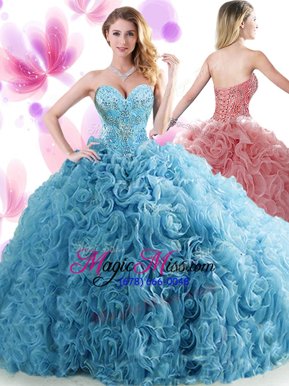 Super Blue Sleeveless Organza Brush Train Lace Up Quinceanera Dress for Military Ball and Sweet 16 and Quinceanera