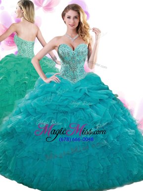 Fancy Teal Lace Up Sweetheart Beading and Ruffles and Pick Ups Quince Ball Gowns Organza Sleeveless