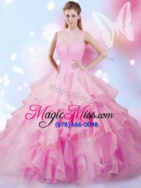 Eye-catching Rose Pink Quinceanera Gowns Military Ball and Sweet 16 and Quinceanera and For with Beading and Ruffles High-neck Sleeveless Lace Up