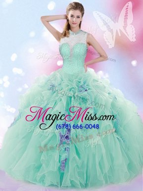 Deluxe High-neck Sleeveless Quince Ball Gowns Floor Length Beading and Ruffles Apple Green Tulle