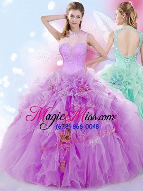 Exceptional Tulle Halter Top Sleeveless Lace Up Beading and Ruffles Vestidos de Quinceanera in Lilac