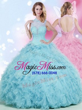 Excellent Tulle High-neck Sleeveless Lace Up Beading and Ruffles Sweet 16 Dress in Baby Blue