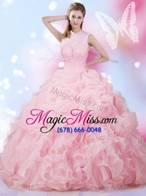 Luxurious Baby Pink High-neck Neckline Beading and Ruffles and Pick Ups Vestidos de Quinceanera Sleeveless Lace Up