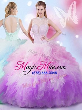 Enchanting Beading and Ruffles 15th Birthday Dress Multi-color Lace Up Sleeveless Floor Length