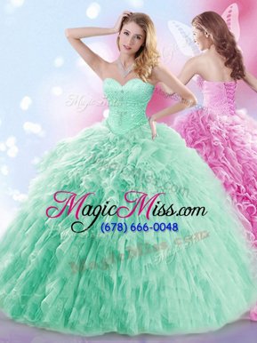 Glittering Apple Green Sleeveless Tulle Brush Train Lace Up Quinceanera Gowns for Military Ball and Sweet 16 and Quinceanera