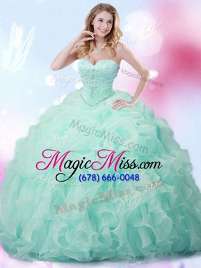 Elegant Apple Green Sweet 16 Quinceanera Dress Military Ball and Sweet 16 and Quinceanera and For with Beading and Ruffles and Pick Ups Sweetheart Sleeveless Brush Train Lace Up