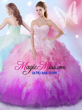 Perfect Multi-color Ball Gowns Sweetheart Sleeveless Tulle Floor Length Lace Up Beading and Ruffles Sweet 16 Dress