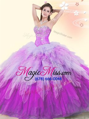 Glorious Floor Length Lace Up Quinceanera Gowns Multi-color and In for Military Ball and Sweet 16 and Quinceanera with Beading and Ruffles