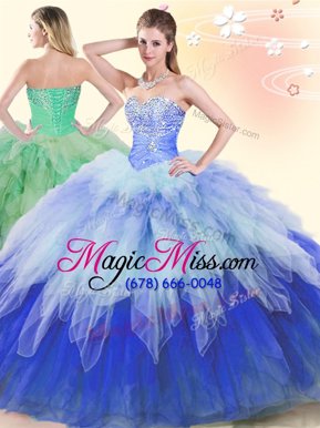 Glorious Sleeveless Beading and Ruffles Lace Up Quince Ball Gowns
