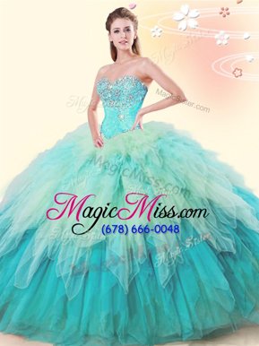 Sleeveless Tulle Floor Length Lace Up 15th Birthday Dress in Multi-color for with Beading and Ruffles
