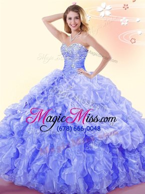 Great Blue Organza Lace Up Sweetheart Sleeveless Floor Length Sweet 16 Dresses Beading and Ruffles and Pick Ups